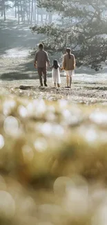 Family walking through a peaceful sunlit forest, perfect for a calming wallpaper.