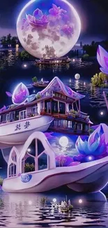 A surreal scene with a luminous fantasy boat and vibrant purple flowers on water.