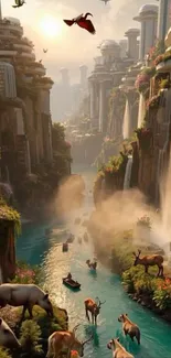 Fantasy landscape of canyon with waterfalls and wildlife.