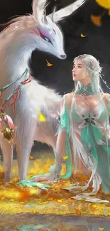 Ethereal scene of a woman with a mythical creature in fantasy art wallpaper.