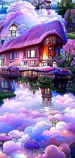 Lavender-hued fantasy cottage with dreamy clouds and reflections.