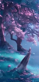 Serene fantasy forest with pink blossoms.