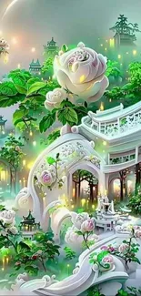 Fantasy garden with stone arches and lush greenery.