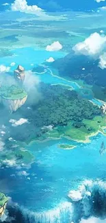 Fantasy island with waterfalls and lush greenery in an anime style.