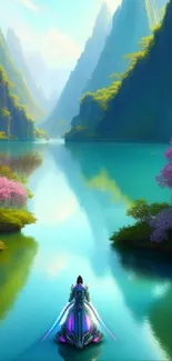 Vibrant fantasy landscape with lake and mountains.