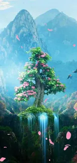 Fantasy landscape with tree and waterfall, ideal for mobile wallpaper.