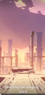 Serene fantasy mobile wallpaper with sunset and ancient columns.