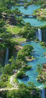 Serene fantasy landscape with waterfalls and greenery
