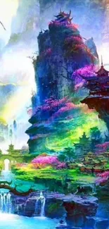 Vivid fantasy mountain scene with pink blossoms and waterfalls.