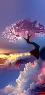 Fantasy landscape with cherry blossom tree and fiery background.