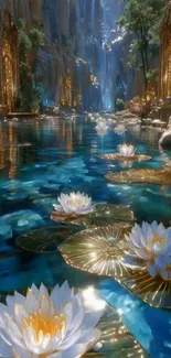 Serene fantasy landscape with water lilies reflecting light in a mystical pond.