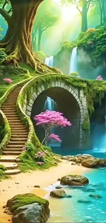 Fantasy landscape with waterfalls and pink blossoms.