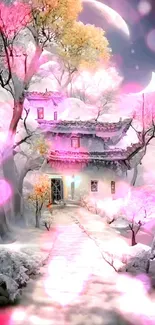 A dreamy winter landscape with pink trees and snow-covered path.