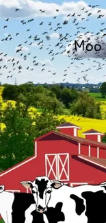 Farm wallpaper with red barn, cows, and yellow fields under a blue sky.