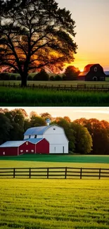 Scenic countryside with sunset and farm view for mobile wallpaper.