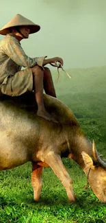 Farmer sitting on buffalo in green field.