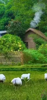 Serene farmhouse scene with sheep grazing in lush greenery.