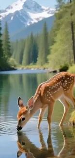 Young fawn drinking from an alpine lake with mountains in the background.