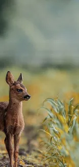 A young fawn standing in a tranquil, green forest setting.