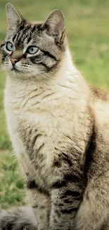 Serene cat sitting on green grass in a natural setting.