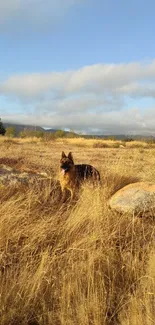 German Shepherd standing in a serene, sunlit field.