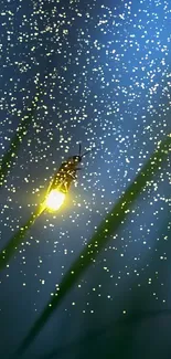 Glowing firefly on grass with blue background.