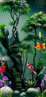 Vibrant fish swim around bamboo, creating a serene aquatic wallpaper background.