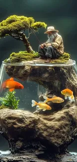 Mini Zen garden with fish in a glass bowl.