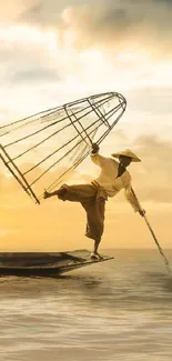 Fisherman balancing on boat at golden sunset.