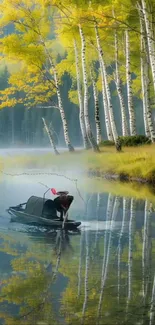 Fisherman on a calm lake with reflective trees in autumn foliage.