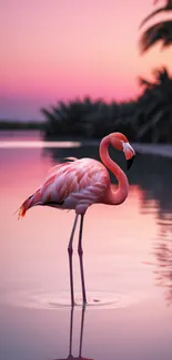 Flamingo standing in sunset waters with a pink sky backdrop.