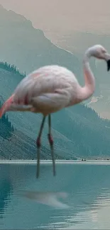 Flamingo by a serene mountain lake wallpaper.