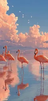 Beautiful sunset with flamingos at a serene lake reflecting pink clouds.