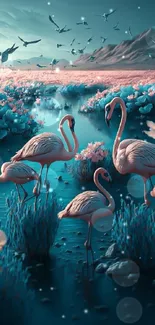 Flamingos in serene lake with pastel flowers and mountains.