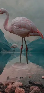 Flamingos standing in a tranquil lake with mountains in the background.