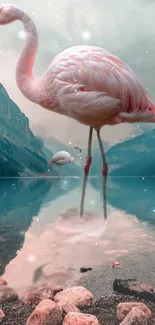 Elegant flamingo standing by a tranquil lake with ethereal reflections.