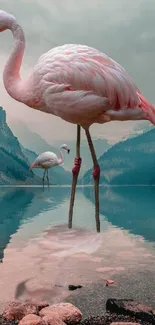 Graceful pink flamingos stand in a tranquil mountain lake.