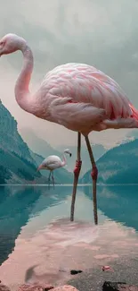 Flamingos by a serene mountain lake with reflections in the water.