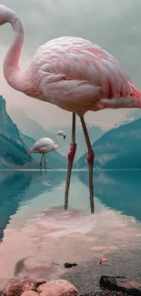 Flamingo stands in a serene mountain lake backdrop.