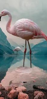 Flamingo standing by a calm lake with a mountainous backdrop.