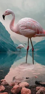 Flamingos stand in a scenic lake with misty mountains in the background.