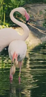 Elegant flamingos standing in tranquil water surrounded by greenery.