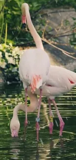 Flamingos wading in a rain-soaked pond.