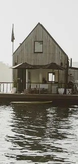 Floating house on calm reflective water, serene view.