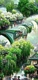 Tranquil floating village with lush greenery and bridges, creating a serene ambiance.