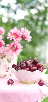 Aesthetic wallpaper with pink flowers and a bowl of cherries.