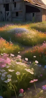 Peaceful countryside with barn and flowers.