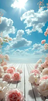 Peaceful beach scene with pink roses and blue sky.