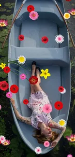 Woman relaxes in a boat surrounded by colorful flowers on water, creating a serene vibe.