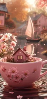 A whimsical scene with a floral teacup and a tiny house by a pond.